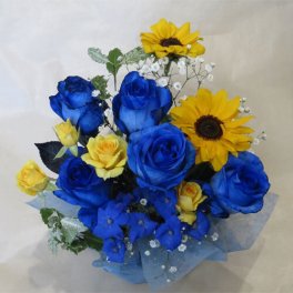 ブルーローズとひまわりのアレンジメント 　☆【ブーケ】 ★バラの花束・ブーケ・アレンジメント/ブルーローズアレンジメント★【お誕生日】 【オレンジ・イエローのバラ】 【フラワーバルーン】 【記念日】【結婚祝い】 【クリスマスギフト】 【お祝い】 