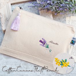 敬老の日 プレゼント ギフト 2026 名入れ ポーチ ミモザ ラベンダー 刺繍 コットンキャンバス フラット ポーチ 卒業 送別 レディース 女性 小物入れ 名前入り 祖母 おばあちゃん 実用的 おしゃれ 趣味グッズ もらって嬉しい センスがいい 