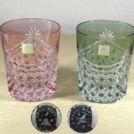 名入れ　江戸切子グラス カガミクリスタル　ロックグラス2835　赤・緑　ペアセット　結婚祝い 名前入りグラス還暦祝卒団記念品先生へのプレゼント