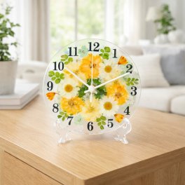 ◆人気のギフト 押し花 花時計 φ15cm【ラークスパー・オレンジ  掛時計 置時計】 押し花をレジンでコーティングしたハンドメイドの可愛い花時計！