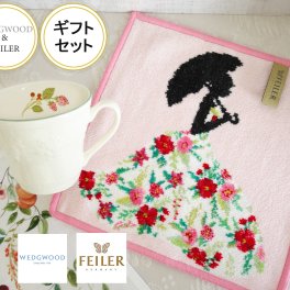 誕生日ギフト ウェッジウッド「フェスティビティ」マグとフェイラータオルハンカチセット  お花付き【feiler】フェイラー ハンカチ25ｃｍ　【結婚祝】【出産祝】【退職祝】【引越祝】【還暦祝】【記念品】