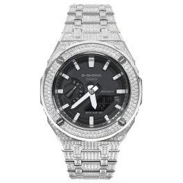 G-SHOCK GA2100 メタル 全面CZジルコニアカスタム カシオーク シルバー ステンレス製 ブラックダイヤル
