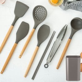 キッチンツール 7点セット スタンド付き 吊るして収納 丈夫なシリコン製 調理器具セット お玉 フライ返し スプーン ヘラ 穴あきお玉 菜箸 トング シリコーン製 引越し 新築祝い 入学 卒業 就職祝い グレージュ チャコールグレー KT-7SS ギフト プレゼント 景品
