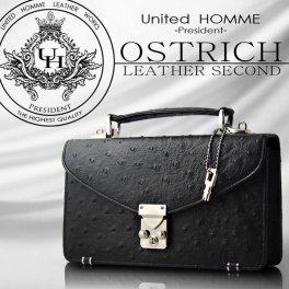 United HOMME ユナイテッドオム 高級牛革リアルオーストリッチ型押しセカンドバッグ ブラック ブランド ビジネス