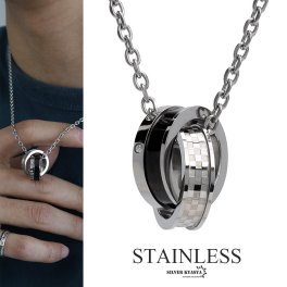 ステンレス stainless ダブルリングネックレス シルバー ペンダント リング ブラック シンプルネックレス メンズ 定番 かっこいい ストーン付き チェーン付き 父の日 男性