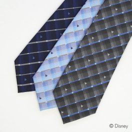 ディズニー／ネクタイ 　(ミツマルシルエット　グラデーションチェック柄)  グレー、水色、紺　Disney necktie ポリエステル100%　プレゼント ギフト　新生活 新社会人 新入社員 フレッシャーズ　ブランドネクタイ  父の日　クリスマス　バレンタイン　キャラクター　ミッキー　DND50037