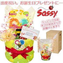 サッシー/Sassy おむつケーキ 男の子 女の子 歯固め バンブルバイツ 出産祝い 人気 1段 赤ちゃん 誕生日プレゼント ハーフバースデー ベビーシャワー 熨斗 メッセージカード ギフトセット オムツケーキ パンパース ギフト包装 送料無料 sas1503
