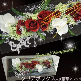 [コチョウラン プリザ]贈答品 開店祝い【胡蝶蘭 ブリザードフラワー】 胡蝶蘭プリザ 贈答品 贅沢なギフトアレンジ フレームアレンジ クリアケースのまま飾れる 花ギフト『アレグロ・デ・ローザ』壁飾り バラ10輪 プリザーブドフラワー お箱 ボックス