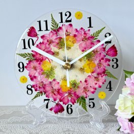 ◆人気のギフト 押し花 花時計 φ15cm 【フラワーサークル・ストロベリーピンク掛時計 置時計】押し花をレジンでコーティングしたハンドメイドの可愛い花時計！