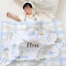 【お名前入りブランケット】Boys toybox 名入れ ギフト 出産祝い 新生児 ニューボーン 誕生日 出産準備 撮影アイテム ベビーブランケット おもちゃ箱　チェック柄  くま 恐竜 くるま