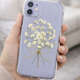 【カラーを選べる！ほぼ全機種対応スマホケース】（着日指定不可）かすみ草ブーケの押し花スマホケース  iPhone/Xperia/AQUOS/Galaxy等