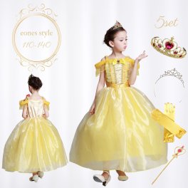 ベル ドレス 子供 女の子 豪華5点セット イエロー プリンセスドレス コスチューム 衣装 ロング ワンピース 誕生日 ハロウィン クリスマス プレゼント 発表会 イベント 変身 110-140cm 4-8才