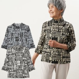 シニアファッション レディース 80代 70代 60代 90代 春夏 日本製 幾何柄メロー七分袖カットソー おばあちゃん 服 プレゼント 婦人服 女性 ミセス 祖母 お年寄り 老人 高齢者 ギフト（cbh-ft6-b31310）