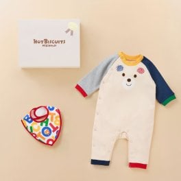 ミキハウスホットビスケッツ  顔ドン!カバーオール&スタイセット ＜BOX付き＞ギフトラッピング　出産祝い　誕生日　お祝い　入園祝い　キッズ服　ベビー服