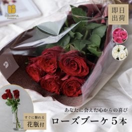 バラ5本と花瓶のセット　花言葉は「あなたに出会えた心からの喜び」 生花 花瓶 クリア  女性 母親 妻 祖母 内祝い 40代 50代 60代 70代 80代 90代 女友達 お祝い 結婚記念日 出産内祝い 誕生日プレゼント 卒業 卒園 転勤 入学フラワーギフト 即日発送