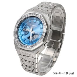 G-SHOCK GA2100 フロステッド シルバー カスタム アイスブルー文字盤 バゲッドカットCZダイヤベゼル（キュービックジルコニア）カシオーク ステンレス製 艶消しモデル Frosted Edition 【ショールーム展示品】