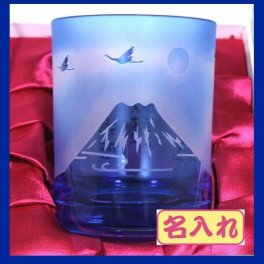 名入れ砂切子グラス　富士山と鶴（赤瑠璃緑紫）　敬老の日 退職祝い 古希祝　メッセージ入りグラス