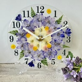 ◆人気のギフト 押し花 花時計 φ18cm【フラワーサークル・ラベンダー ラージサイズ 掛時計 置時計】 押し花をレジンでコーティングしたハンドメイドの可愛い花時計！