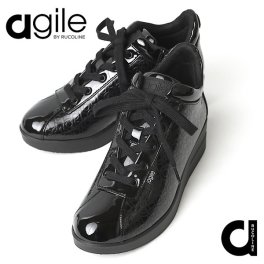 ルコライン 靴 アージレ バイ ルコライン スニーカー agile-008BK PRINT MONOGRAM ブラック × ブラック 黒 エナメル調合皮 aマーク ロゴ柄 モノグラム柄 サイドファスナー付 レディース シューズ agile by RUCO LINE 3E 幅広 ルコライン靴