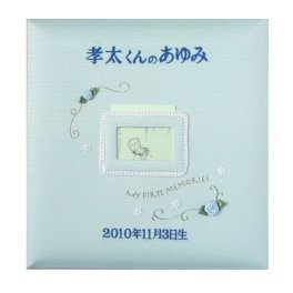 刺繍★名入れベビーフォトアルバム（フレーム付き水色）出産祝いに！台紙が増やせる・クリエートアルバム・粘着台紙