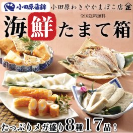 小田原 かまぼこ ギフト 送料無料 海鮮たまて箱(8種17品入)【あげかま黒ごま入・桜えび入で5枚、しんじょ青海苔入1枚・白1枚、鰯はんぺん4枚、ちくわ3本、あじ干物3枚】 小田原 箱根 熱海 伊豆 お土産 老舗  贈答 お歳暮 おせち おでん
