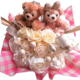 誕生日 彼女 プレゼント 白バラ 花束風ギフト ディズニー ダッフィー ぬいぐるみ 白バラ プリザーブドフラワー入り ダッフィー シェリーメイ ケース付き ◆誕生日プレゼント・記念日の贈り物におすすめのフラワーギフト
