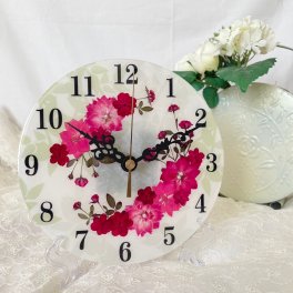 ◆人気のギフト 押し花 花時計 φ18cm【ブリリアント・ルビー 掛時計 置時計】 押し花をレジンでコーティングしたハンドメイドの可愛い花時計！