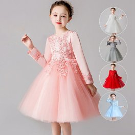 子供ドレス ドレス 女の子 ワンピース レース チュールワンピース ピアノ発表会 子ども 花嫁 コンクール 結婚式 キッズドレス 長袖 フォーマルドレス 膝丈 裏起毛タイプあり  120 130 140 150 160 170cm ピンク 赤 水色 グレー