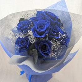 プリザーブドフラワー青い薔薇11本とかすみ草の花束／奇跡．神の祝福．夢かなう