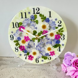 ◆人気のギフト 押し花 花時計 φ18cm【フローラル・ラベンダー ラージサイズ 掛時計 置時計】 押し花をレジンでコーティングしたハンドメイドの可愛い花時計！