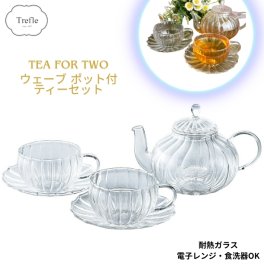 ガラス ティーポット ＆ カップ＆ソーサー ２P 耐熱ガラス製 お茶の色 香り ぬくもりをそのままに 自分らしい ティータイム を 楽しむ 透明感あふれる 耐熱ガラスのティーセット 耐熱ガラス 二人用ティーセット 電子レンジ 食洗機 OK 贈り物にも最適 グラス・ウェーブ ティーフォーツーセット 
