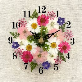 ◆花時計 φ15cm 【フラワーガーデン・ピンク  掛時計 置時計】 押し花をレジンでコーティングしたハンドメイドの可愛い花時計！人気のギフト 誕生日 母の日 新築お祝い など