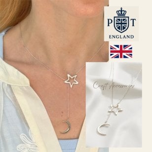 英国製 ハンドメイド 星と月 シルバーネックレス レディース ラリエット スターリングシルバー 上品 誕生日 記念日 ギフト
