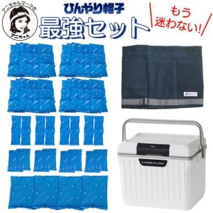 アニちゃんマークのひんやり帽子最強セット【本体＋冷却ジェル＋保冷剤＋クーラーボックスセット】かぶる氷枕 頭 冷やす グッズ 熱中症対策 暑さ対策 冷却帽子 高齢者 氷嚢 頭を冷やす帽子 冷却用帽子 保冷シート ひんやりぼうし 冷却グッズ 帽子の中 大人用 送料無料