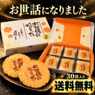 ＜即日対応可＞【送料無料】メッセージ（お世話になりました）刻印せんべい／2枚入り×30袋【熨斗対応可】贈り物 退職 お菓子 母の日 父の日 お中元 お歳暮 退社 挨拶 感謝 お礼 引っ越し 個包装 大量 プチギフト ギフト 結婚式 転職 異動 卒業 配布  