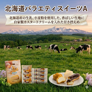 【送料無料・お手軽ギフト】北海道バラエティスイーツA（北海道ミルクレープ、北海道エクレア、北海道シュークリームが入った詰合せセット）（お年賀 敬老の日 お中元 お歳暮 プレゼント グルメ 贈り物 母の日 父の日 御祝 内祝い 景品 賞品 コンペ ご褒美 誕生日 出産祝い 結婚 上司 男 女 義母 義父 友達 新築 引越 送別会 定年 退職祝い 還暦 喜寿 スィーツ sweet）