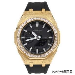 G-SHOCK GA2100GB GARISH メタル カスタム フロステッドゴールド ラバーバンド バゲットCZベゼル カシオーク ブラックベルト ステンレス製 艶消しモデル Frosted Edition CASIOAK GOLD【ショールーム展示品】