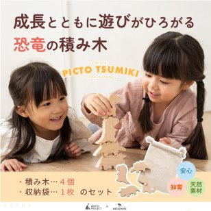 【名入れ】【かたち積み木】【出産祝い】【1歳誕生日プレゼント】【恐竜（ティラノサウルス・ステゴサウルス・トリケラトプス・ブロントサウルス）】【4個セット】木のおもちゃ/木製玩具/無塗装/ごっこあそび/収納袋入り/赤ちゃん/男の子/女の子 『ブロットプロジェクト|PICTO TSUMIKI - The Jurassic』