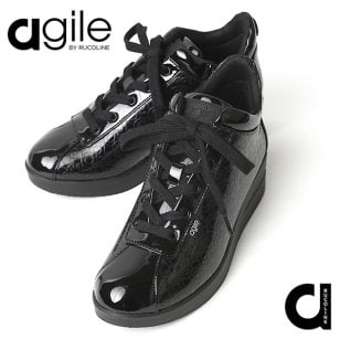 ルコライン 靴 アージレ バイ ルコライン スニーカー agile-008BK PRINT MONOGRAM ブラック × ブラック 黒 エナメル調合皮 aマーク ロゴ柄 モノグラム柄 サイドファスナー付 レディース シューズ agile by RUCO LINE 3E 幅広 ルコライン靴