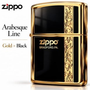ZIPPO ライター シンプル アラベスク ライン入り ロゴ 金 両面加工 ジッポ ゴールド ブラック かっこいい メンズ プレゼント ギフト