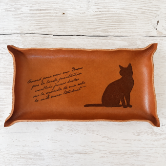 黒猫の本革メガネ置き レザートレイ ブラウン 15×8cm