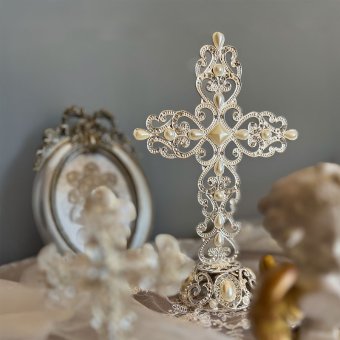 ラインストーン クロス L クリスマス 十字架 パール 置物 シルバー クリスタル 高さ11cm 室内 オーナメント ロココ アンティーク調