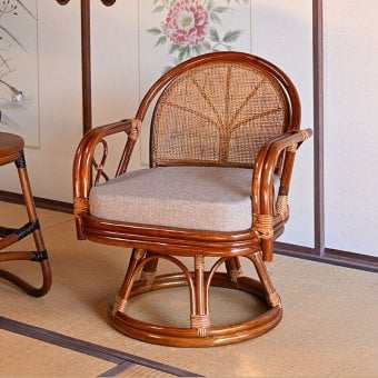 チェア 椅子 籐回転 籐 回転 座面高36cm 選べるクッション6種類 プリント生地タイプ 織り生地タイプ肘掛け 籐製 クッション 軽い 和風 和モダン 家具 和室 リビング 誕生日 プレゼント おすすめ 母 祖母 父