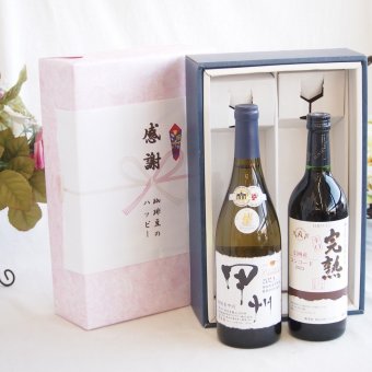 感謝の贈り物ボックス 山梨県甲州種ぶどう100%使用白ワインと国産ワインセット(アルプス 完熟コンコード辛口赤ワインやや辛口(長野県)720mlシャンモリ柑橘香御坂甲州白ワイン(山梨県)750ml