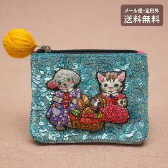 タマオワールド スパンコール刺繍ポーチ Picnic POC3667 ネコポス 送料無料 ポーチ 小物入れ 猫 ネコ ねこ レディース 刺繍 ファスナー スパンコール キーケース ハナカラクサ