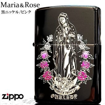 ZIPPO マリア＆ローズ ブラックニッケル ピンク ジッポー ライター 黒 エッチング彫刻 アベマリア おしゃれ バラ ギフト プレゼント Ave Maria 薔薇 メンズ レディース