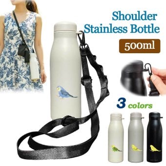 セキセイインコ ショルダー ステンレスボトル 500ml 保温 保冷 ステンレス 真空 断熱 二重構造 水筒 マイボトル カラビナ ベルト ストラップ オリジナル インコ 鳥 小鳥 ペット
