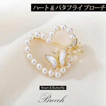 パールハート&バタフライ ブローチ ゴールド ホワイト かわいい 誕生日 記念日 プレゼント ギフト 専用ケース付
