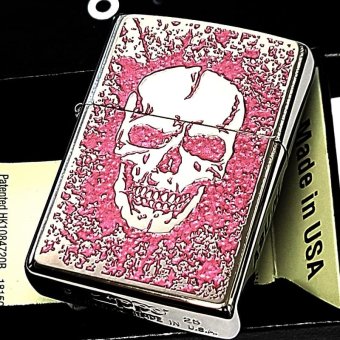 ZIPPO ライター スカル 細密メタル 両面加工 シルバー＆ピンク ジッポ ロゴ ドクロ 裏面柄違い 彫刻 ガイコツ おしゃれ かっこいい メンズ プレゼント ギフト