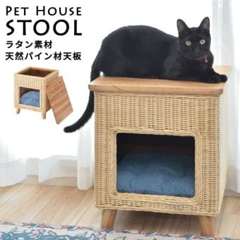 ラタン ペットハウススツール ペットと一緒にくつろぐ クッション付き 椅子 テーブル ネコ イヌ 猫 室内用 屋内用 小型犬 ペット用品 グッズ キャットタワー 省スペース 犬用 猫用 かわいい おしゃれ リゾート ホテル ケージ 最大2 天然木 イス